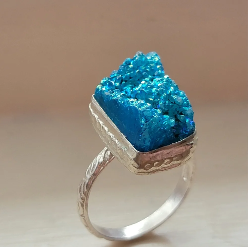 Blue Druzy Crystal Ring Silver Tone Size 11 Handmade 925 ? Signed
